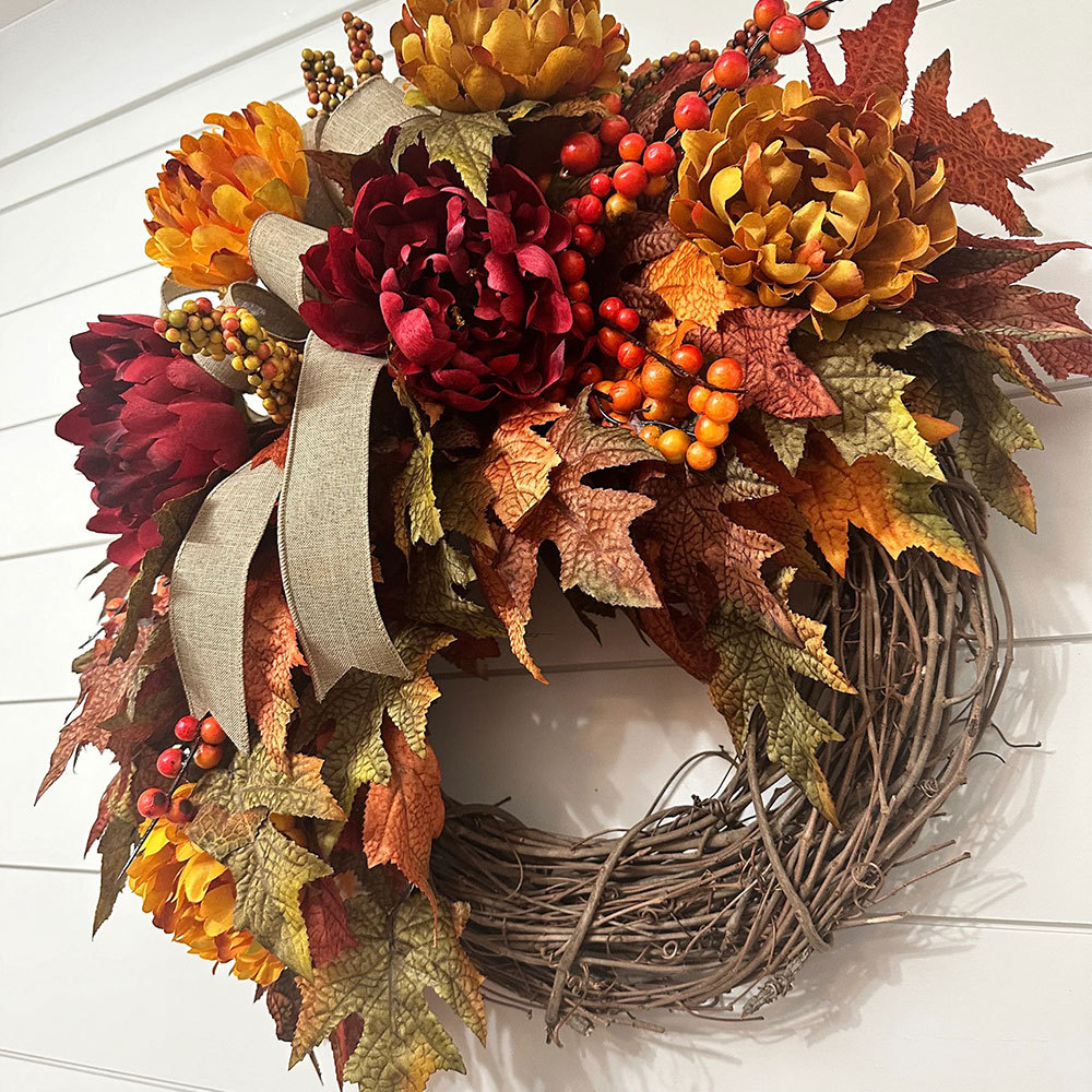 Elegant Fall Maple Leaves Wreath – Small Autumn Front Door Decor with Berries & Peonies