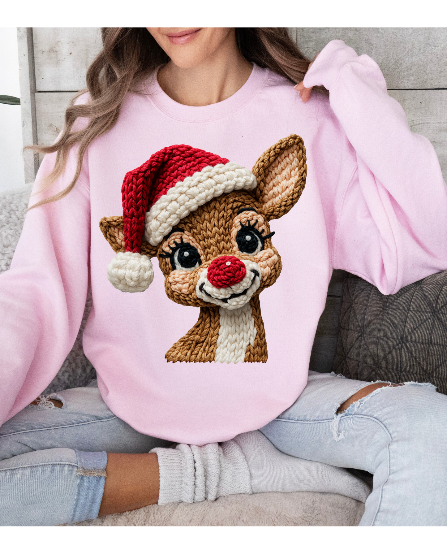 Faux Yarn, Red Nose Reindeer, Santa Hat, Holiday Sweatshirt