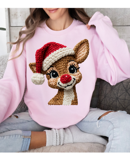 Faux Yarn, Red Nose Reindeer, Santa Hat, Holiday Sweatshirt