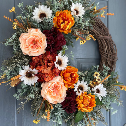Elegant Burgundy Hydrangea Fall Wreath – Front Door Autumn Decoration