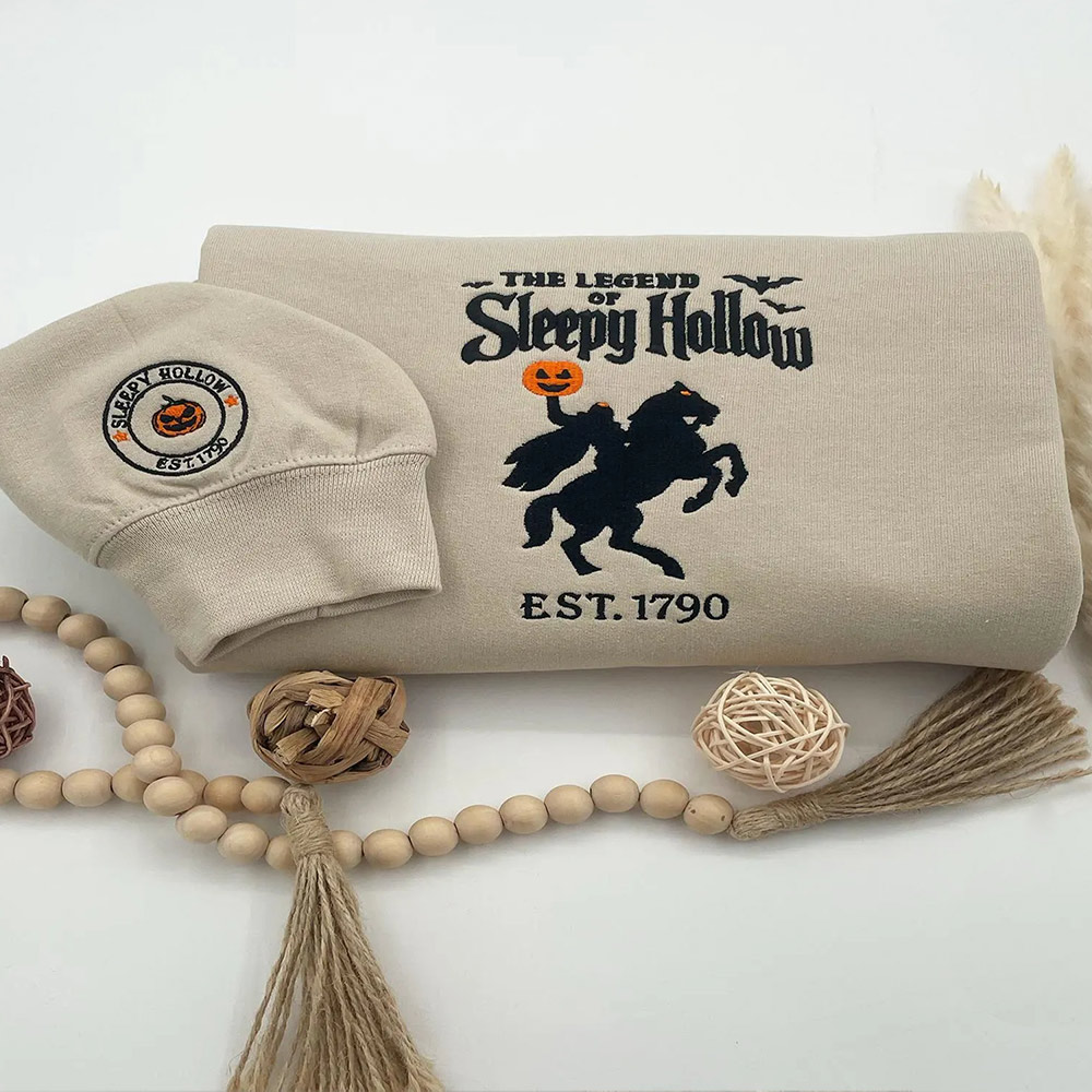 Sleepy Hollow Embroidered Halloween Sweatshirt – Headless Rider & Pumpkin Sleeve Crewneck