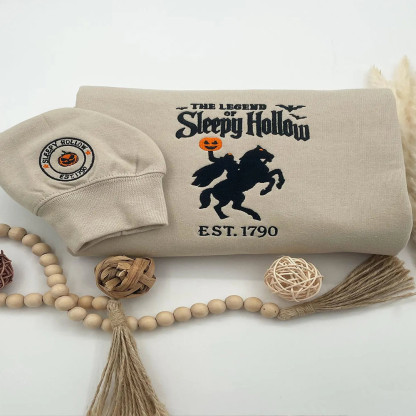 Sleepy Hollow Embroidered Halloween Sweatshirt – Headless Rider & Pumpkin Sleeve Crewneck
