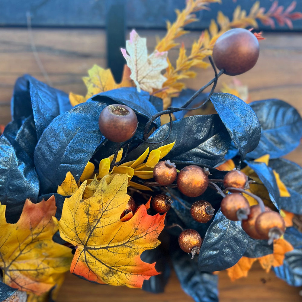 Autumn Wreath for Thanksgiving & Halloween – Elegant Fall Door Decor in Metallic Blue & Orange