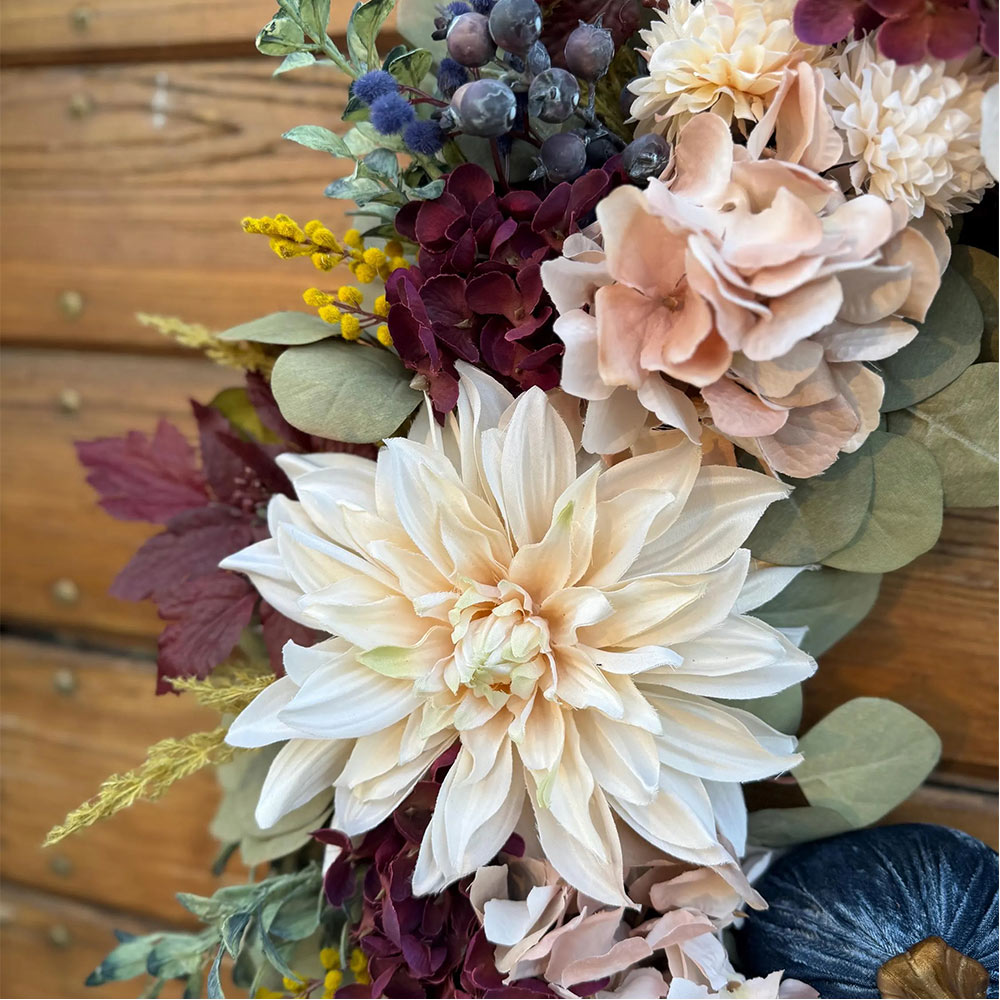 Elegant Burgundy Fall Wreath – Velvet Pumpkins & Hydrangea Autumn Door Decor