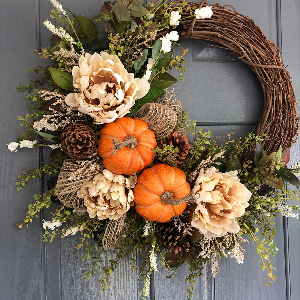 Fall Farmhouse Pumpkin & Peony Wreath – Front Door Autumn Decor
