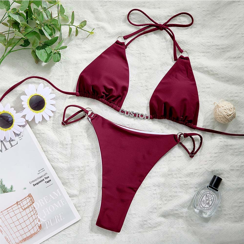 Custom Name Ring Buckle Triangle Bikini Sets Personalized Sexy DIY Crystal Letters Bikini