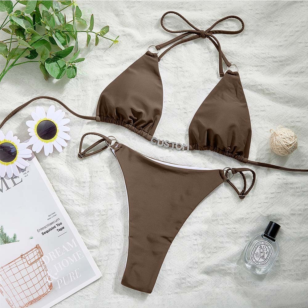 Custom Name Ring Buckle Triangle Bikini Sets Personalized Sexy DIY Crystal Letters Bikini