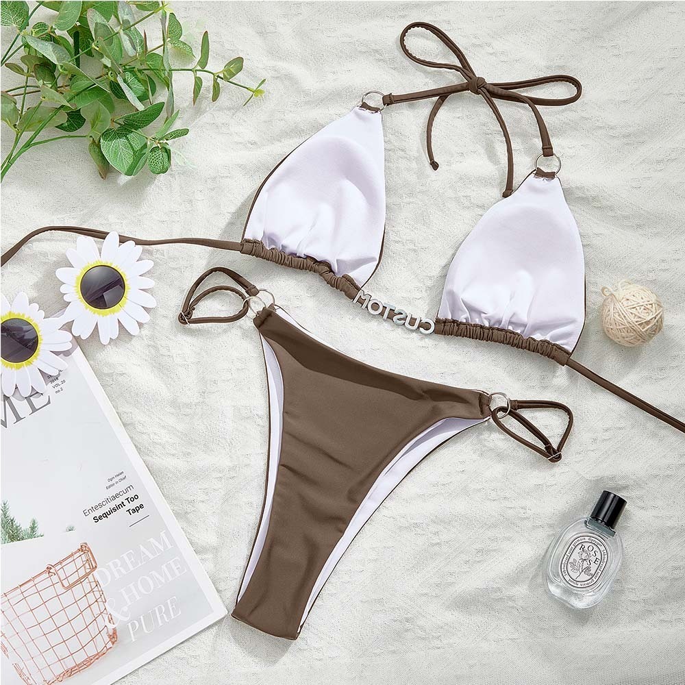 Custom Name Ring Buckle Triangle Bikini Sets Personalized Sexy DIY Crystal Letters Bikini