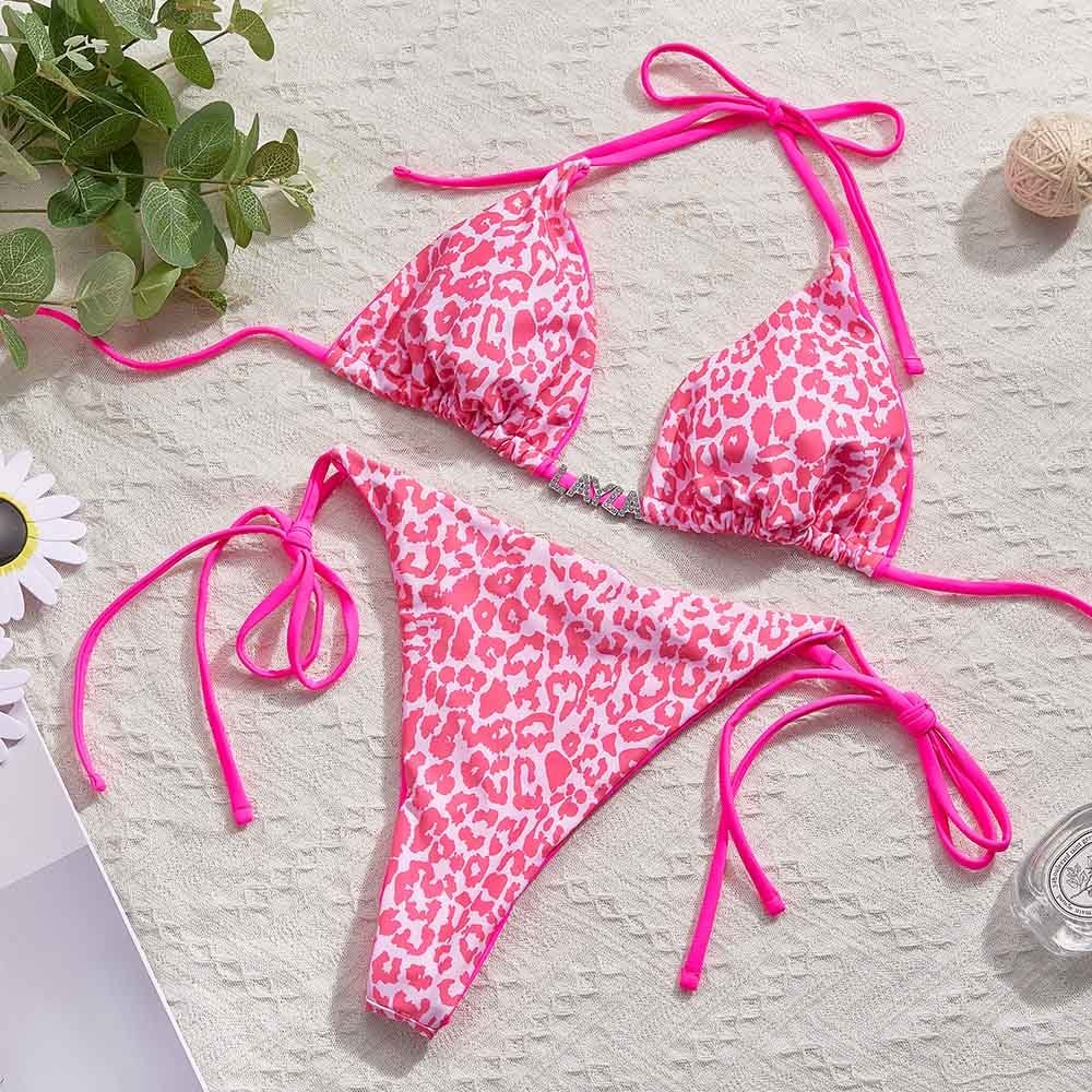 Custom Name Leopard Triangle Halter Bikini Sets Personalized Sexy DIY Crystal Letters Bikini