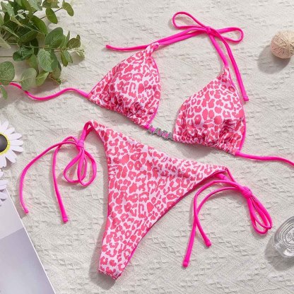 Custom Name Leopard Triangle Halter Bikini Sets Personalized Sexy DIY Crystal Letters Bikini