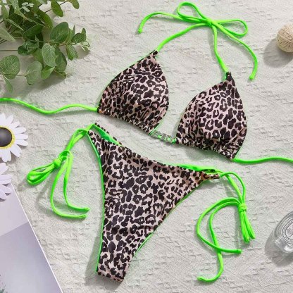Custom Name Leopard Triangle Halter Bikini Sets Personalized Sexy DIY Crystal Letters Bikini