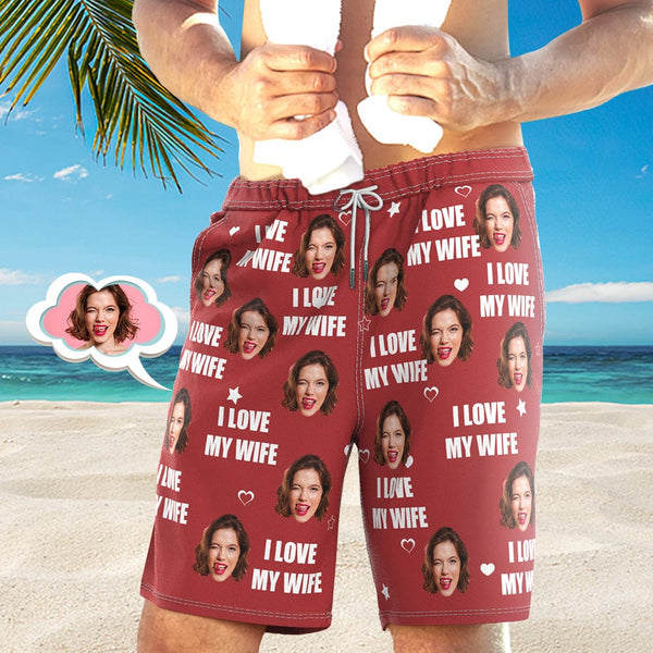Men's Custom Face Beach Shorts I LOVE MY WIFE 4 Colors Available