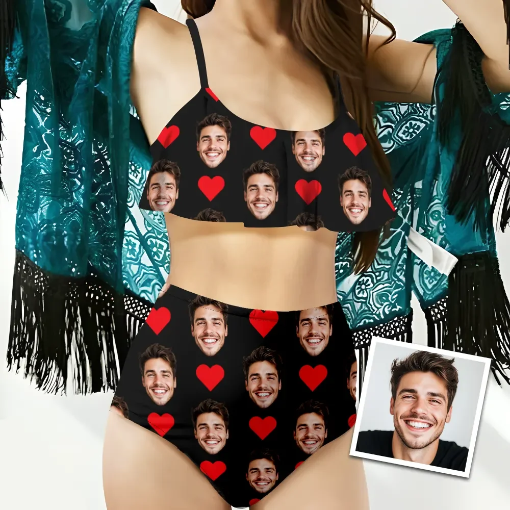Custom Bikini With Husband Face And Heart Women's Ruffle Summer Bikini High Waisted Bathing Suits Gift For Her