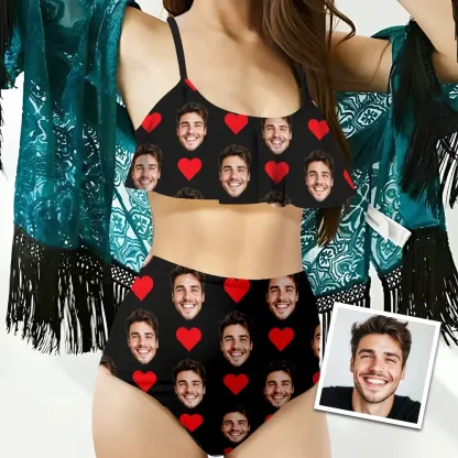 Custom Bikini With Husband Face And Heart Women's Ruffle Summer Bikini High Waisted Bathing Suits Gift For Her