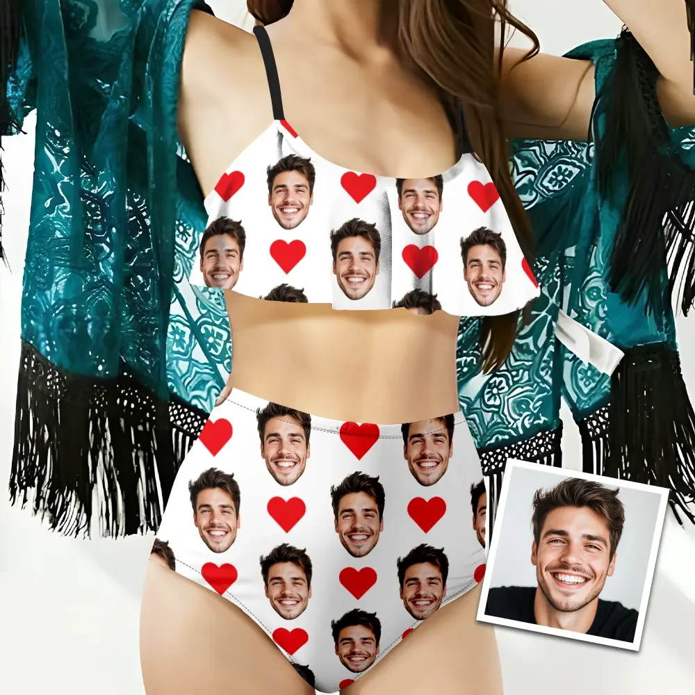Custom Bikini With Husband Face And Heart Women's Ruffle Summer Bikini High Waisted Bathing Suits Gift For Her