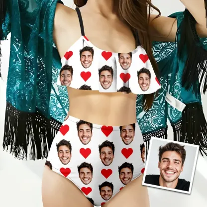 Custom Bikini With Husband Face And Heart Women's Ruffle Summer Bikini High Waisted Bathing Suits Gift For Her