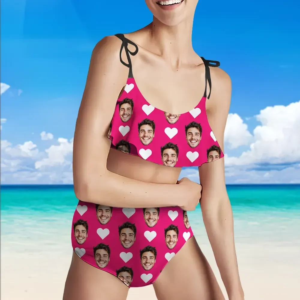 Custom Bikini With Husband Face And Heart Women's Ruffle Summer Bikini High Waisted Bathing Suits Gift For Her