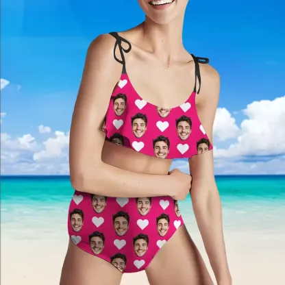 Custom Bikini With Husband Face And Heart Women's Ruffle Summer Bikini High Waisted Bathing Suits Gift For Her