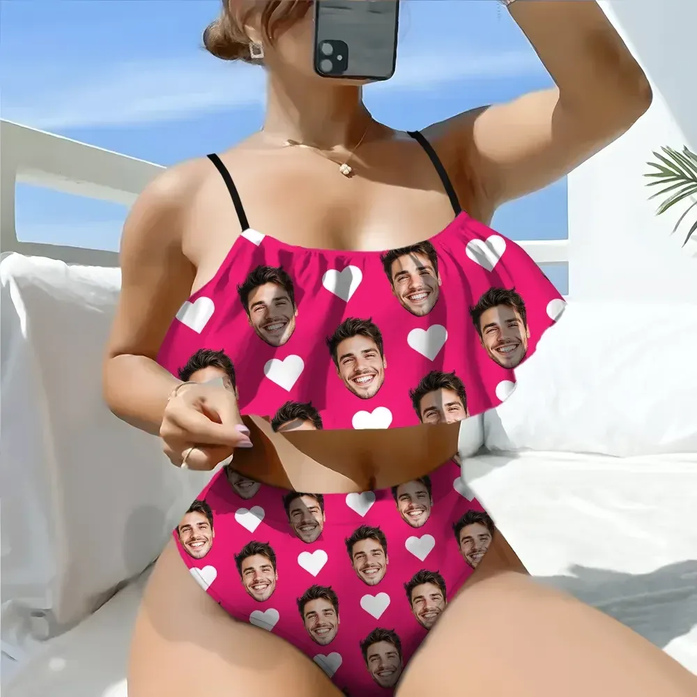 Custom Bikini With Husband Face And Heart Women's Ruffle Summer Bikini High Waisted Bathing Suits Gift For Her