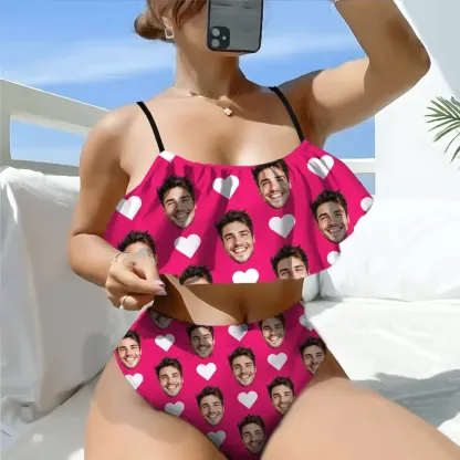 Custom Bikini With Husband Face And Heart Women's Ruffle Summer Bikini High Waisted Bathing Suits Gift For Her