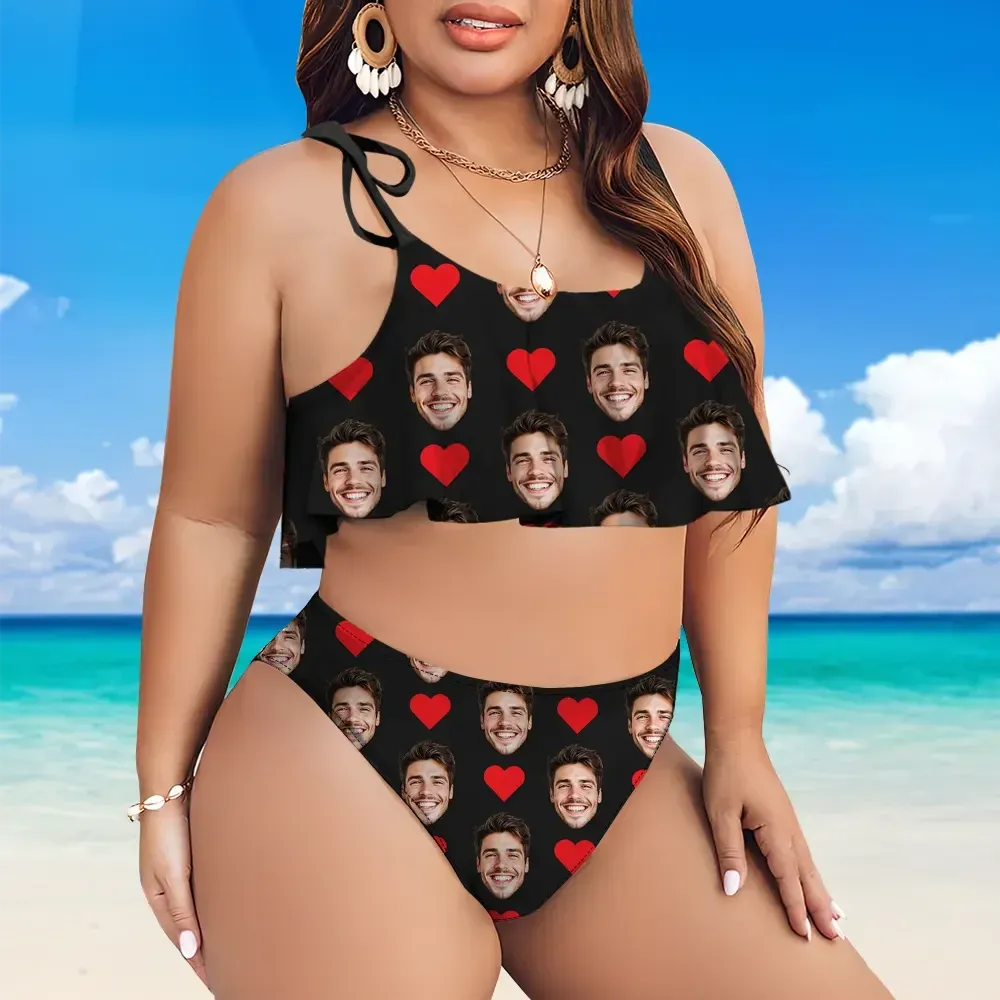 Custom Bikini With Husband Face And Heart Women's Ruffle Summer Bikini High Waisted Bathing Suits Gift For Her