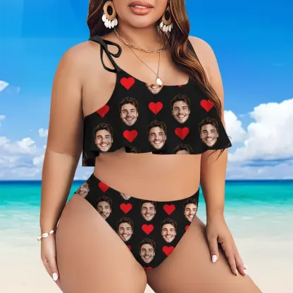 Custom Bikini With Husband Face And Heart Women's Ruffle Summer Bikini High Waisted Bathing Suits Gift For Her