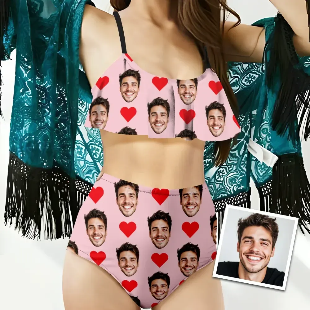 Custom Bikini With Husband Face And Heart Women's Ruffle Summer Bikini High Waisted Bathing Suits Gift For Her