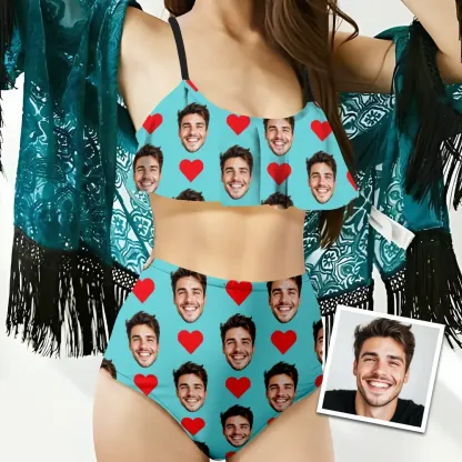 Custom Bikini With Husband Face And Heart Women's Ruffle Summer Bikini High Waisted Bathing Suits Gift For Her