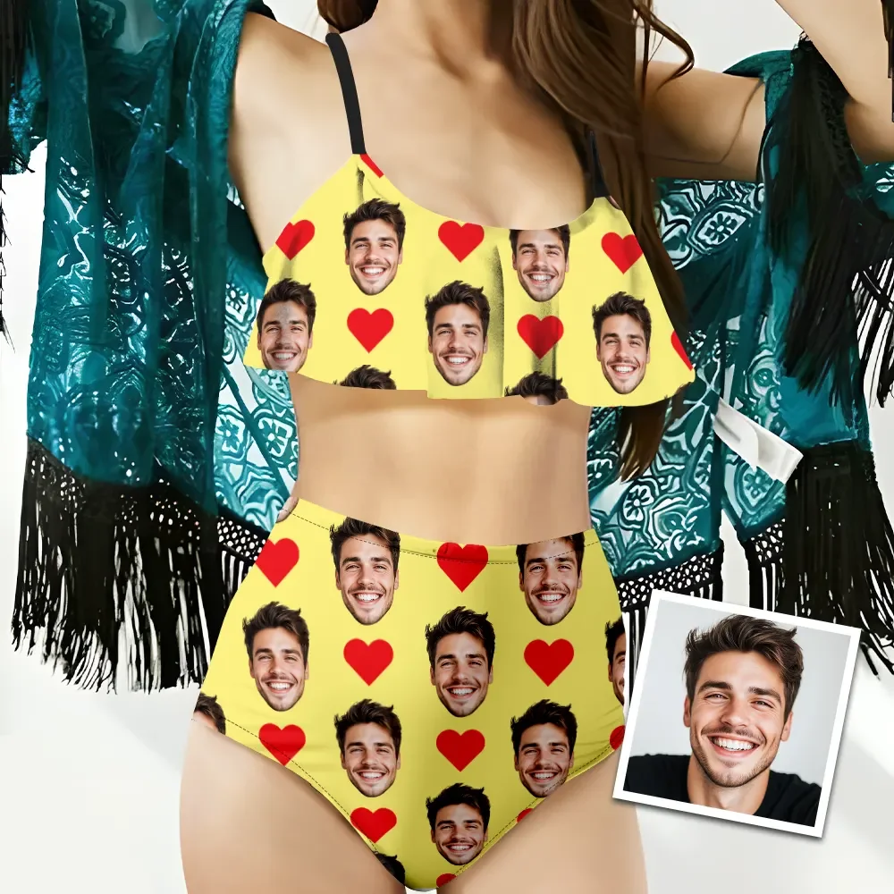 Custom Bikini With Husband Face And Heart Women's Ruffle Summer Bikini High Waisted Bathing Suits Gift For Her
