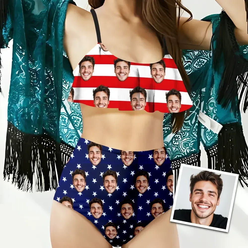 Custom American Flag Bathing Suits Bikini Women's Ruffle Summer Bikini High Waisted Bathing Suits Gift For Her