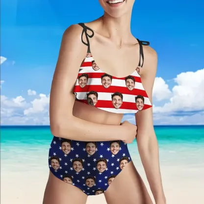 Custom American Flag Bathing Suits Bikini Women's Ruffle Summer Bikini High Waisted Bathing Suits Gift For Her