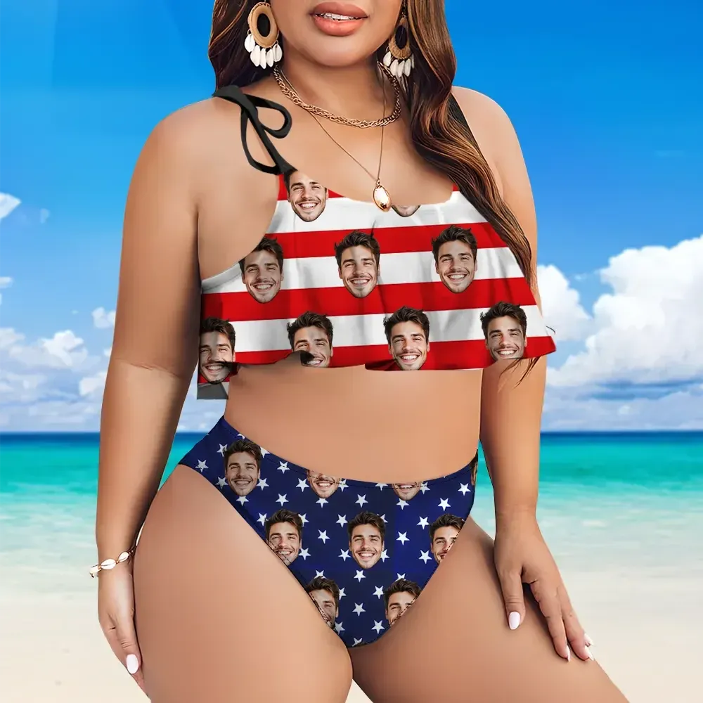 Custom American Flag Bathing Suits Bikini Women's Ruffle Summer Bikini High Waisted Bathing Suits Gift For Her
