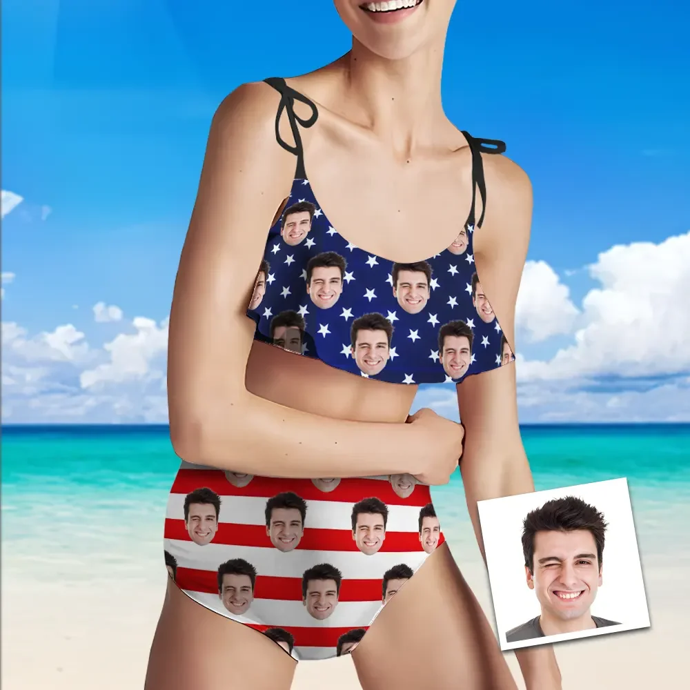 Custom American Flag Bathing Suit Bikini Women's Ruffle Summer Bikini High Waisted Gift For Her