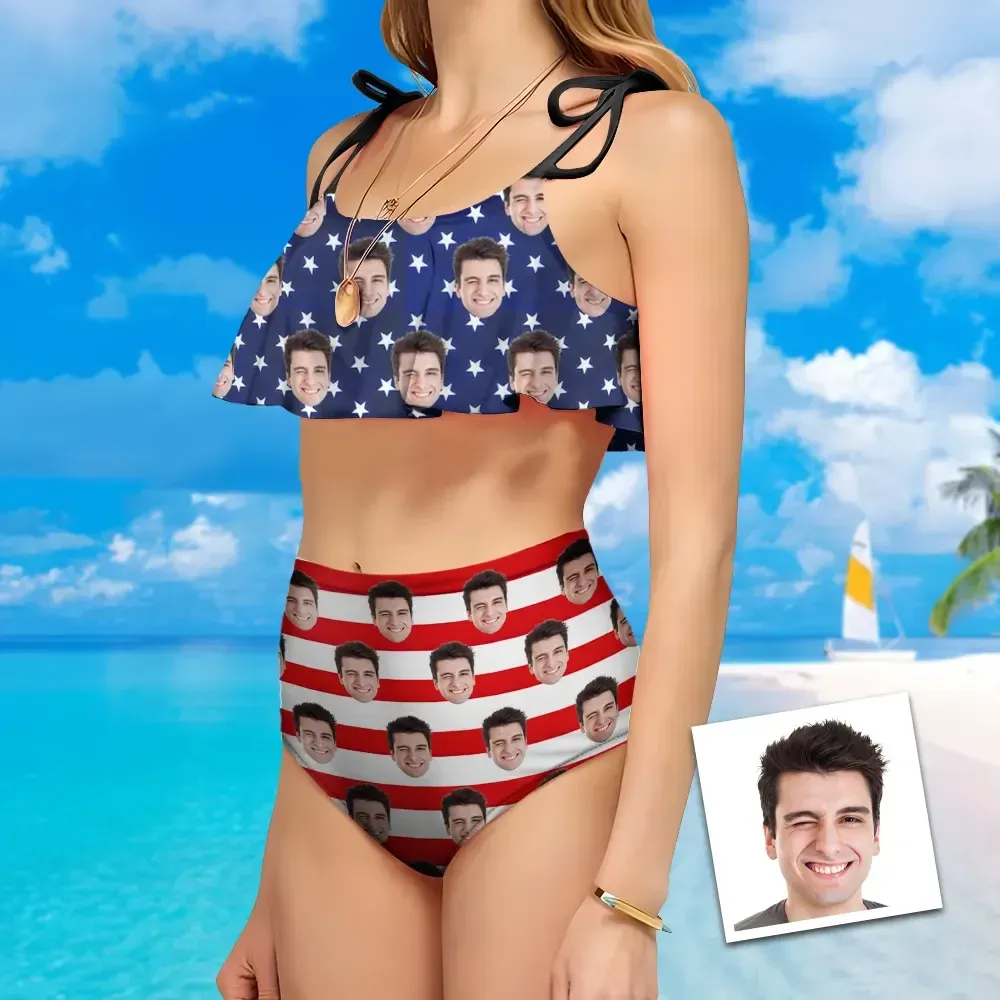 Custom American Flag Bathing Suit Bikini Women's Ruffle Summer Bikini High Waisted Gift For Her