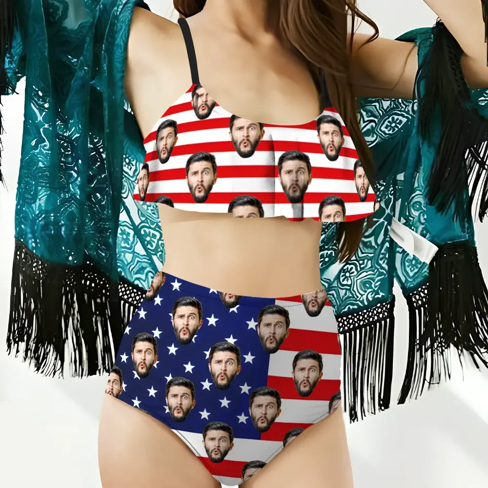 Custom American Flag Bikini Women's Ruffle Summer Bikini High Waisted Bathing Suits Gift For Her