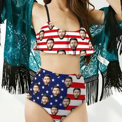 Custom American Flag Bikini Women's Ruffle Summer Bikini High Waisted Bathing Suits Gift For Her
