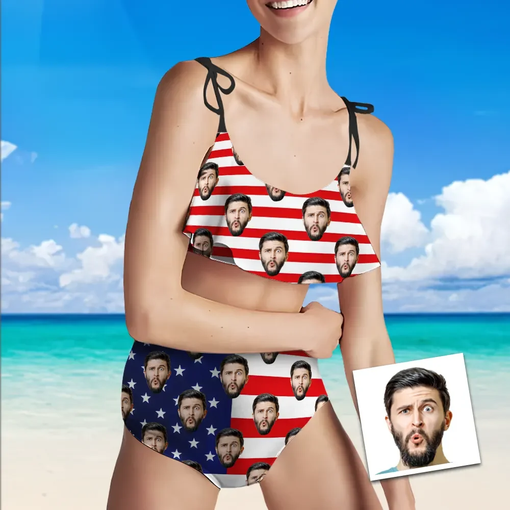 Custom American Flag Bikini Women's Ruffle Summer Bikini High Waisted Bathing Suits Gift For Her