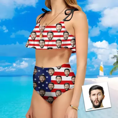 Custom American Flag Bikini Women's Ruffle Summer Bikini High Waisted Bathing Suits Gift For Her