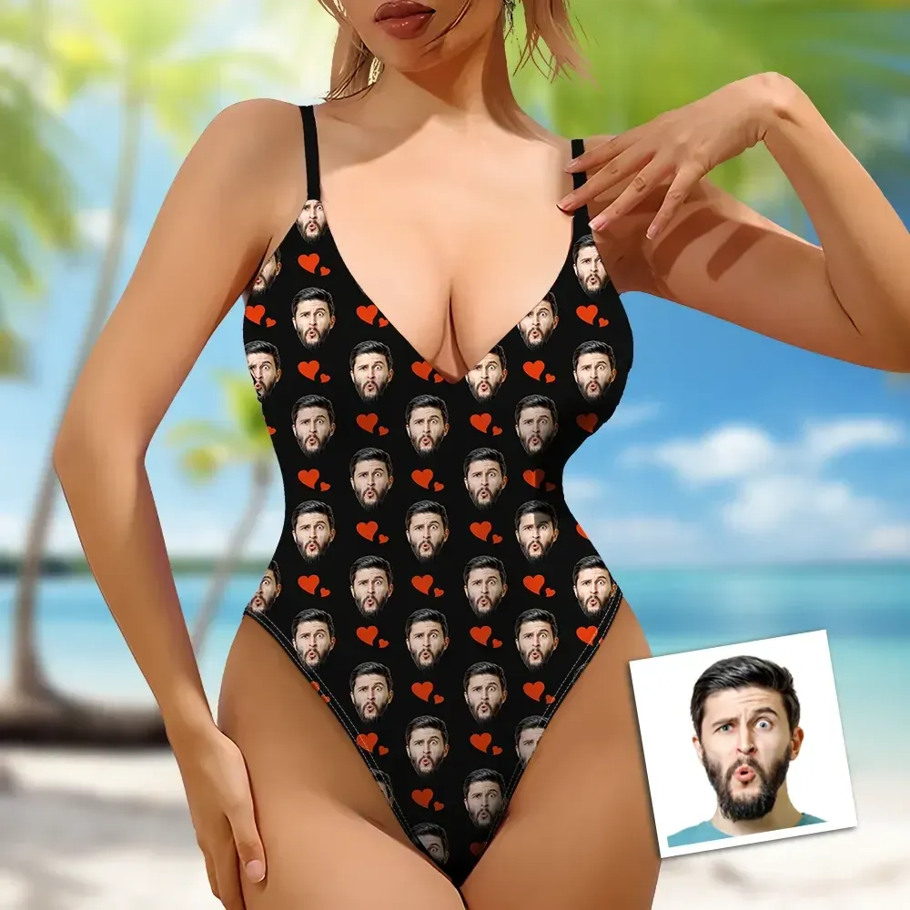 Custom Face V-Neck Red Heart Swimsuit