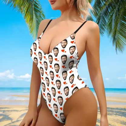 Custom Face V-Neck Red Heart Swimsuit