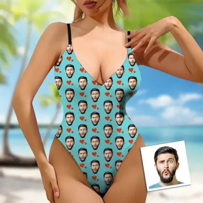 Custom Face V-Neck Red Heart Swimsuit