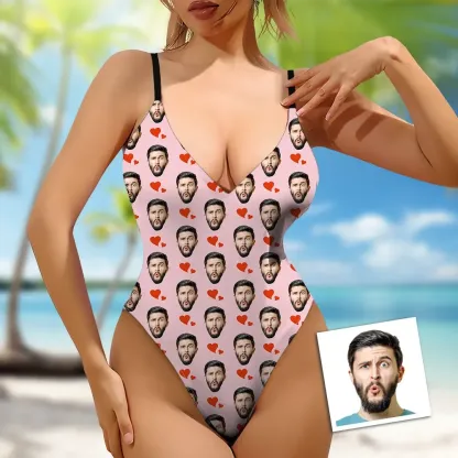 Custom Face V-Neck Red Heart Swimsuit