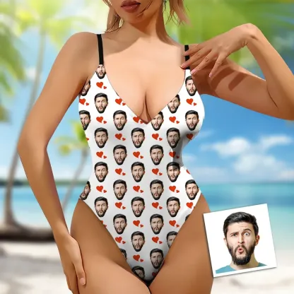 Custom Face V-Neck Red Heart Swimsuit