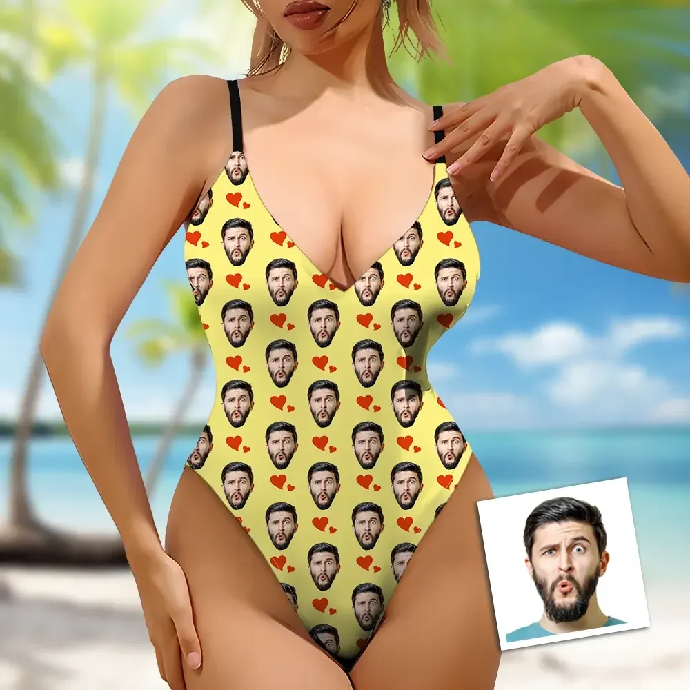 Custom Face V-Neck Red Heart Swimsuit