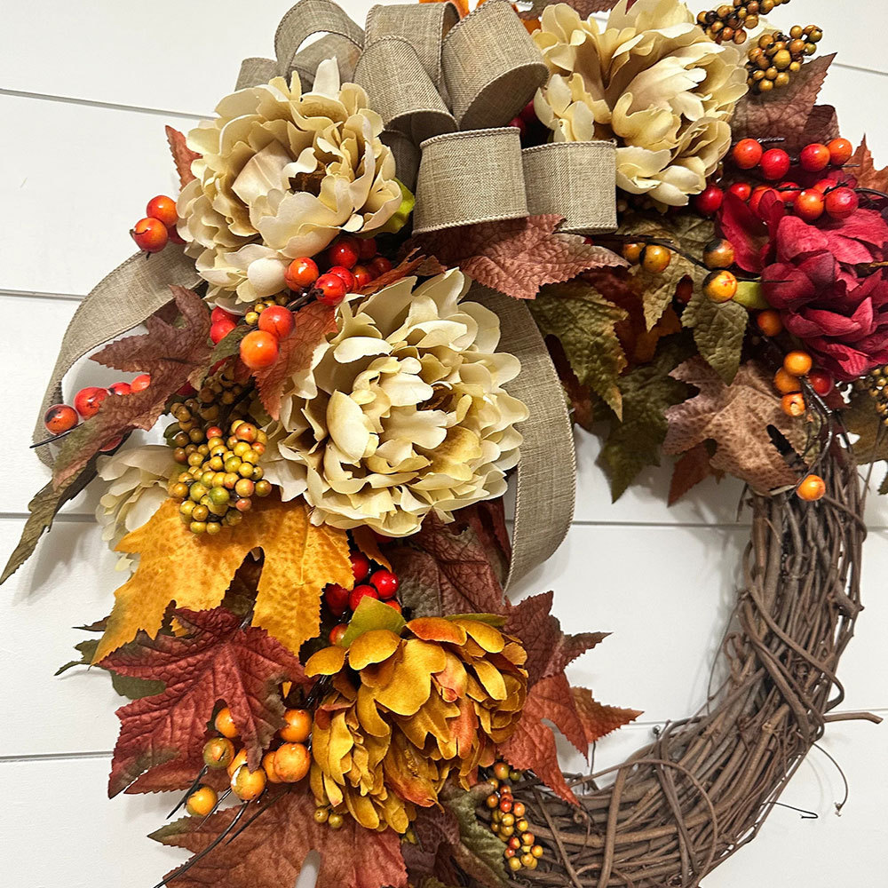 Elegant Fall Maple Leaves Wreath – Small Autumn Front Door Decor with Berries & Peonies