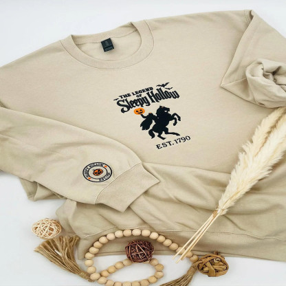 Sleepy Hollow Embroidered Halloween Sweatshirt – Headless Rider & Pumpkin Sleeve Crewneck