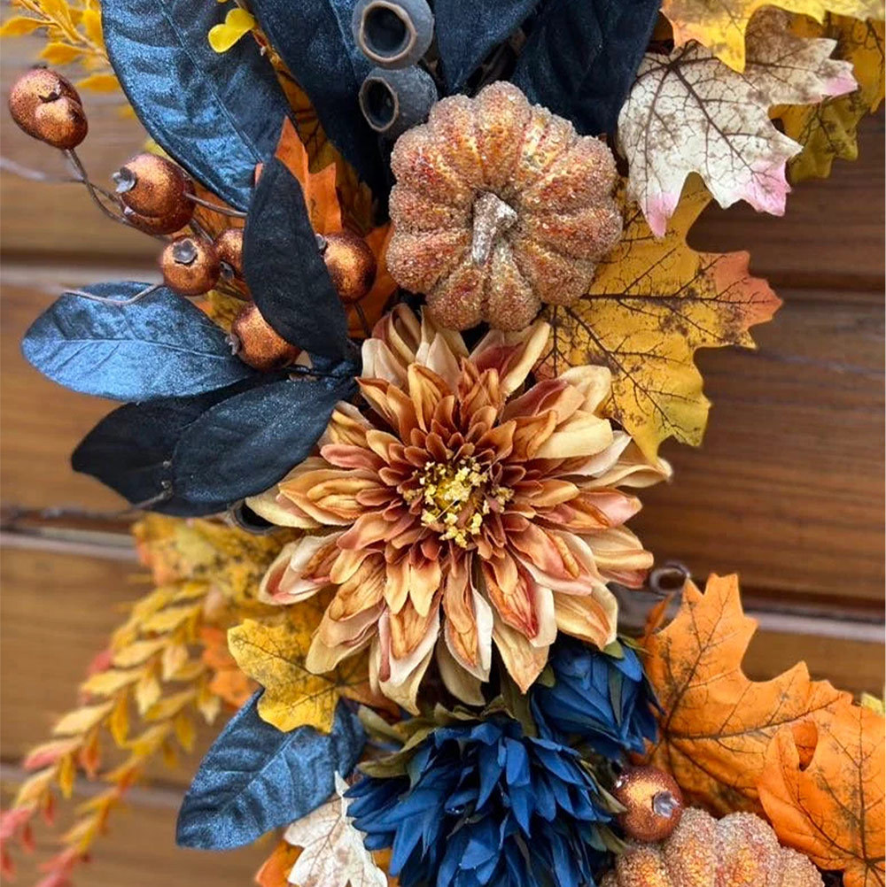 Autumn Wreath for Thanksgiving & Halloween – Elegant Fall Door Decor in Metallic Blue & Orange