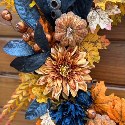Autumn Wreath for Thanksgiving & Halloween – Elegant Fall Door Decor in Metallic Blue & Orange