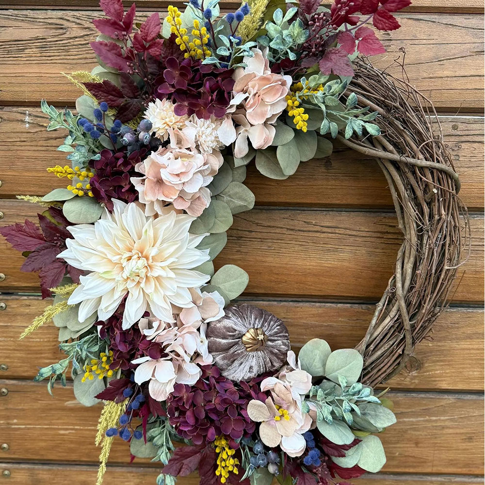 Elegant Burgundy Fall Wreath – Velvet Pumpkins & Hydrangea Autumn Door Decor