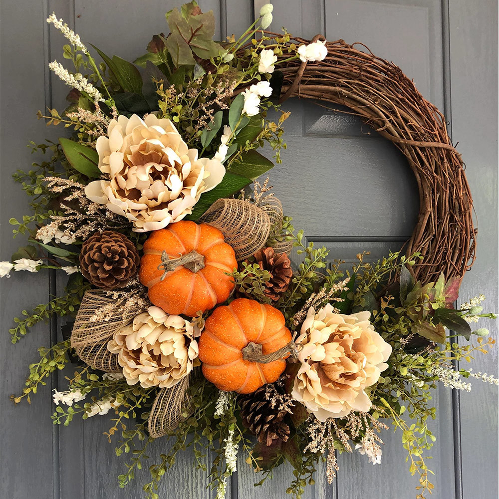 Fall Farmhouse Pumpkin & Peony Wreath – Front Door Autumn Decor